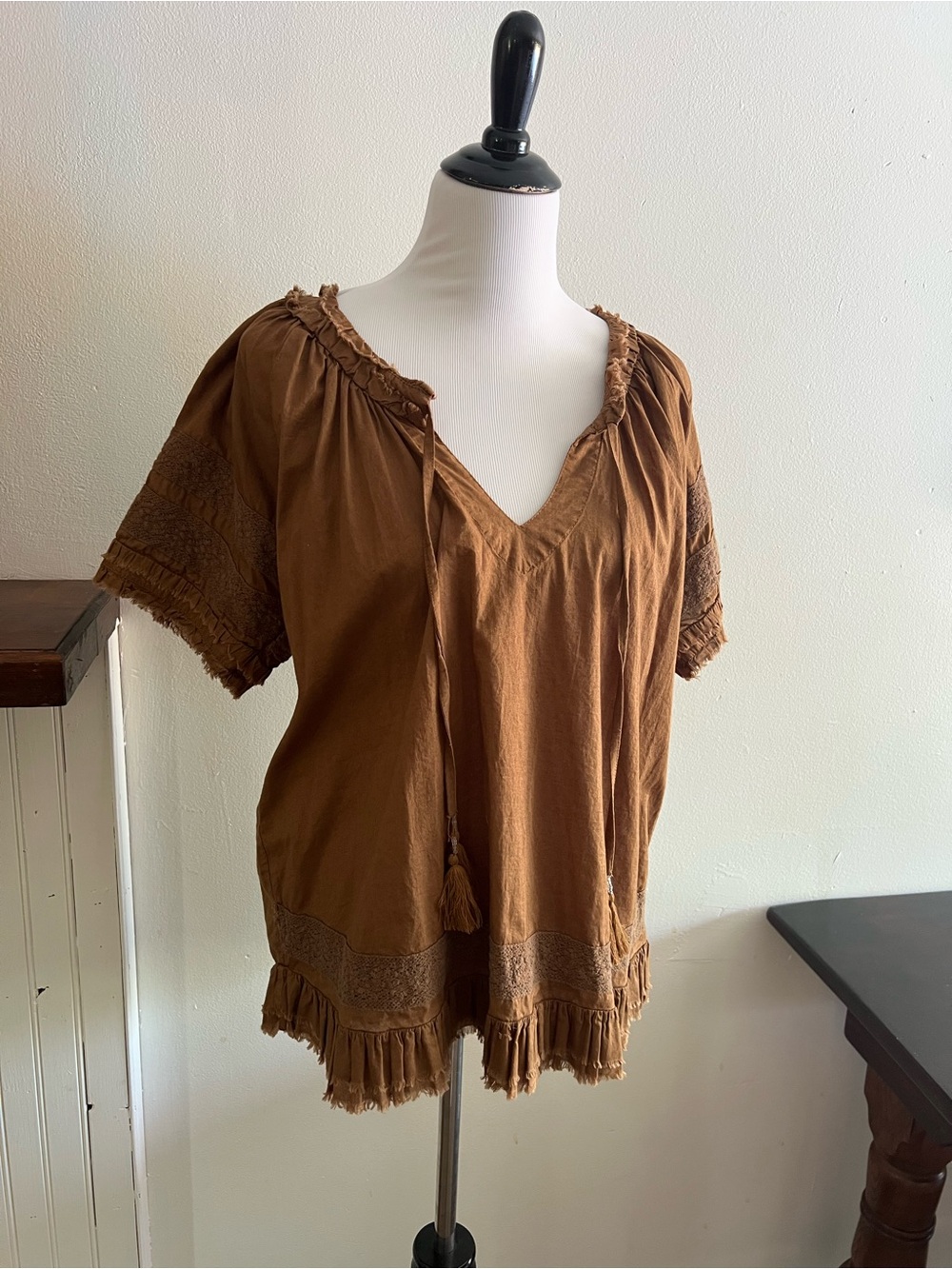 Adrift Boho Tassel V-Neck Tunic in Rust Brown